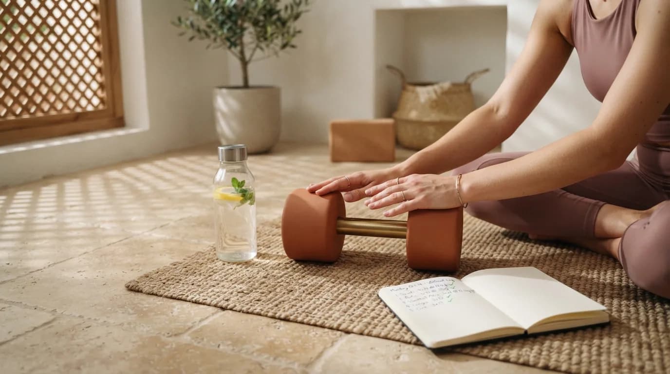 Hands resting on a terracotta dumbbell on a mat, beside an open training journal.