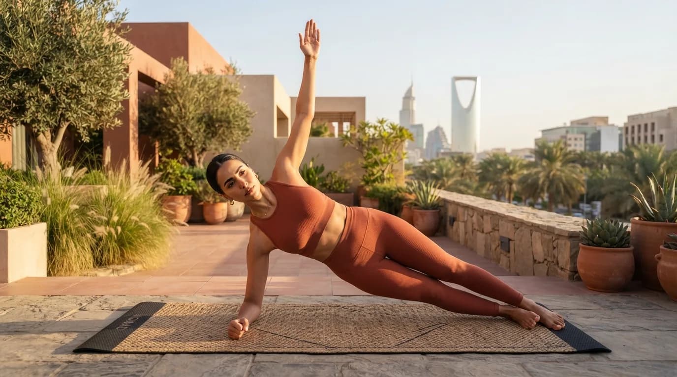 A woman holding a side plank on a mat on a terrace overlooking the Riyadh skyline